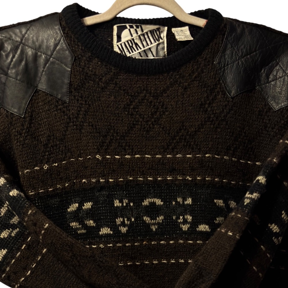 Vintage Mark Elliot Mens Brown Quilted Wool Leather Shoulder Patch Sweater XL